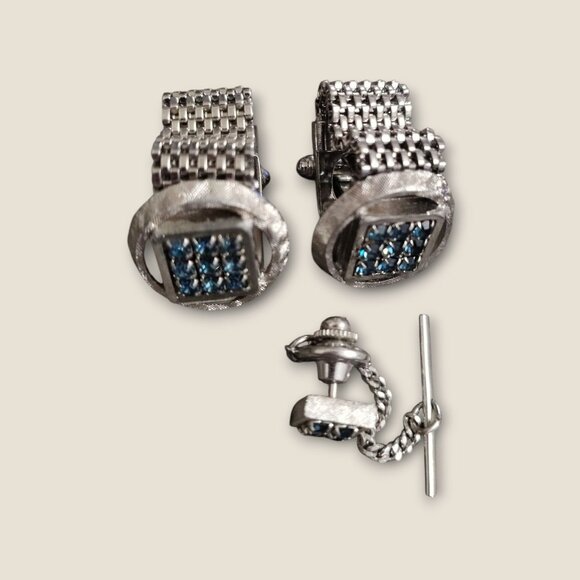 Vintage Silver Cuff Links & Tie Tack Set With Blue Rhinestones - Picture 5 of 6